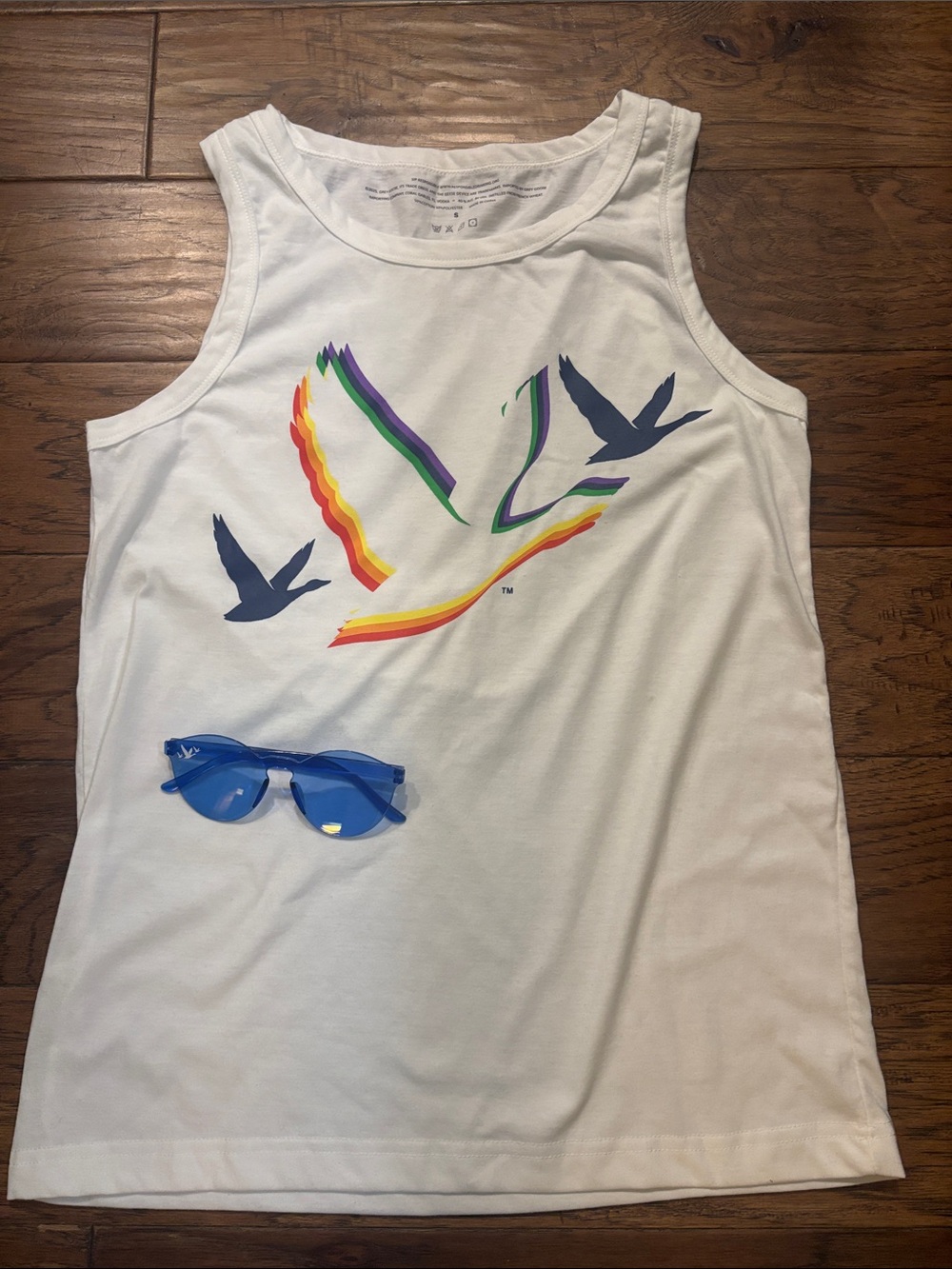 Grey Goose Pride Sleeveless Graphic Tank Top with Rainbow Birds and Glasses